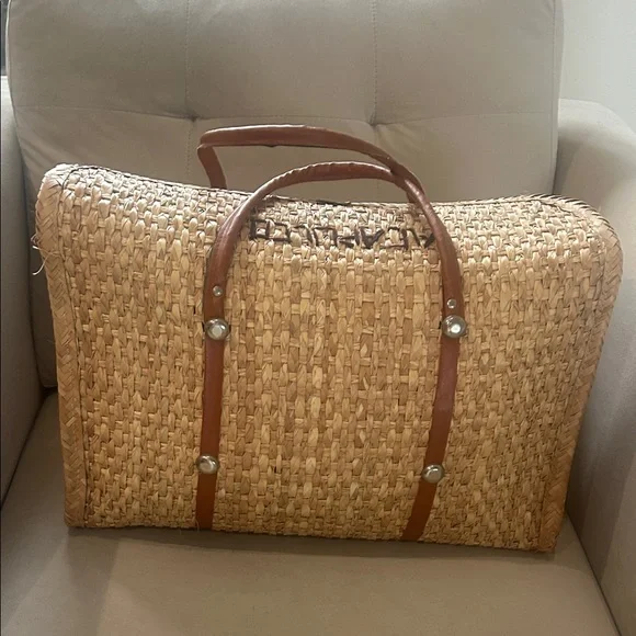 Woven Straw Tote Bag with Brown Leather Trim and Floral Accents -Acapulco - Picture 5 of 13